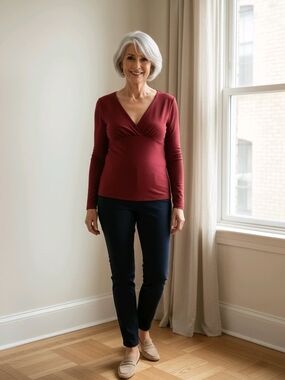 Women's Long Sleeve V-Neck Top in Burgundy